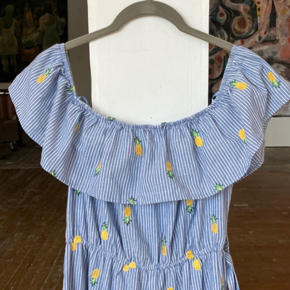 Blue and white striped jumpsuit, embroidered with pineapples and fabric belt - Picture 9 of 10
